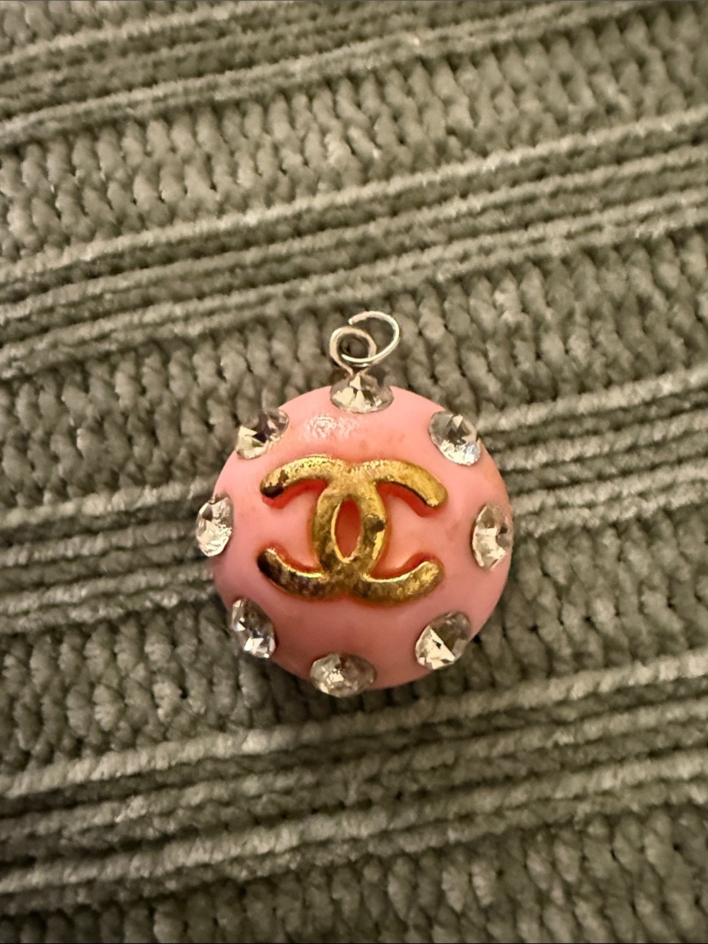 Pink Enamel Pendant with Gold Logo and Clear Crystals